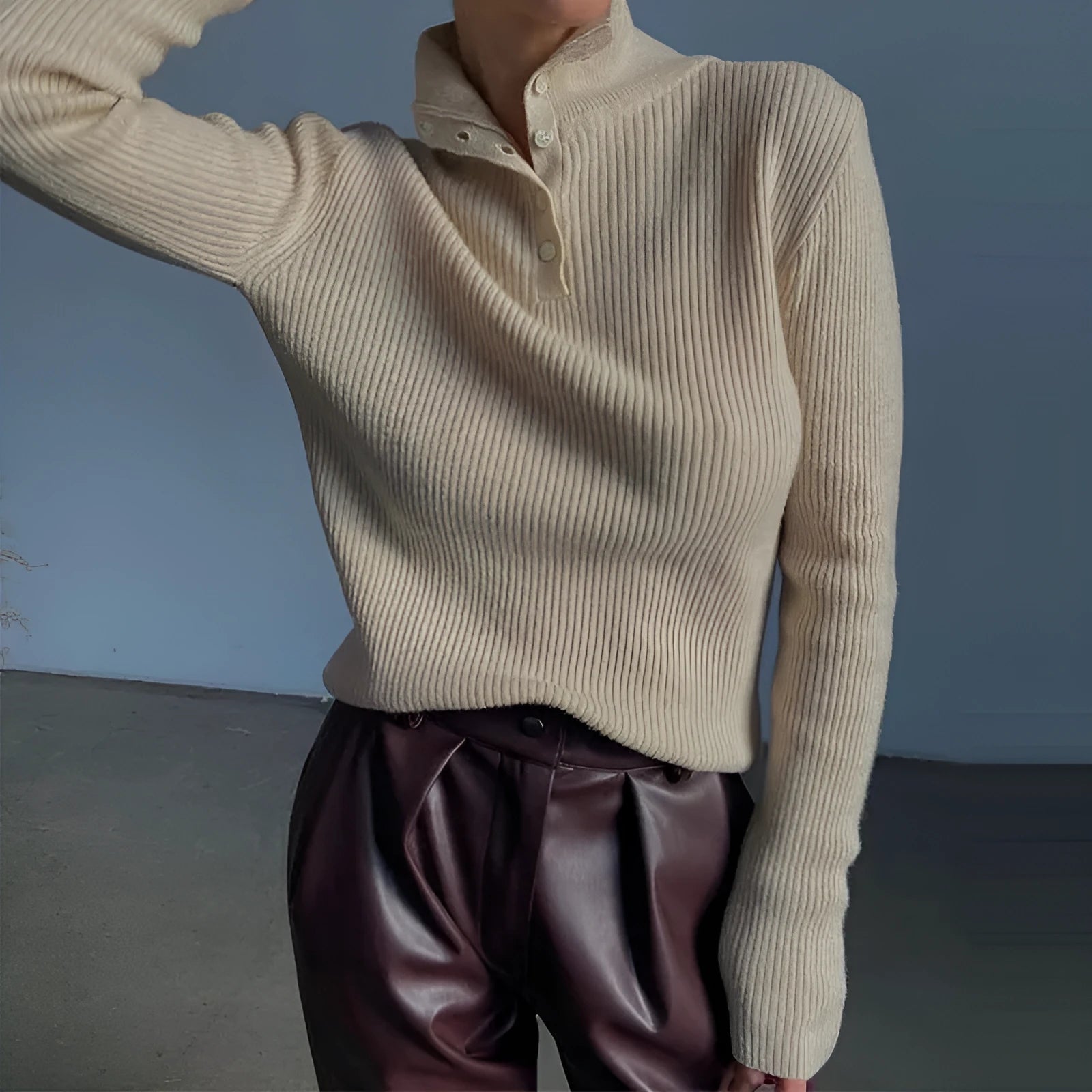 Half turtleneck pullover sweater with single-breasted placket in silver grey or rice apricot colour