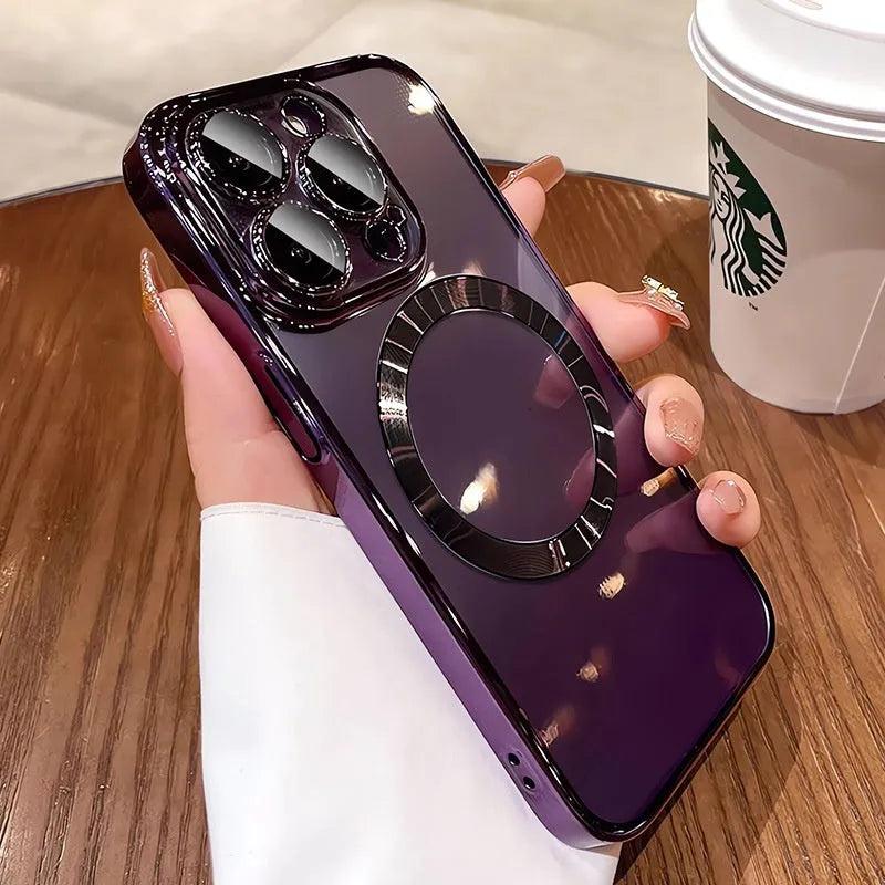 Electroplated TPU MagSafe phone case for iPhone in Desert Gold, silver, black, pink, far peak blue, dark purple, dark blue, or cangling Green.