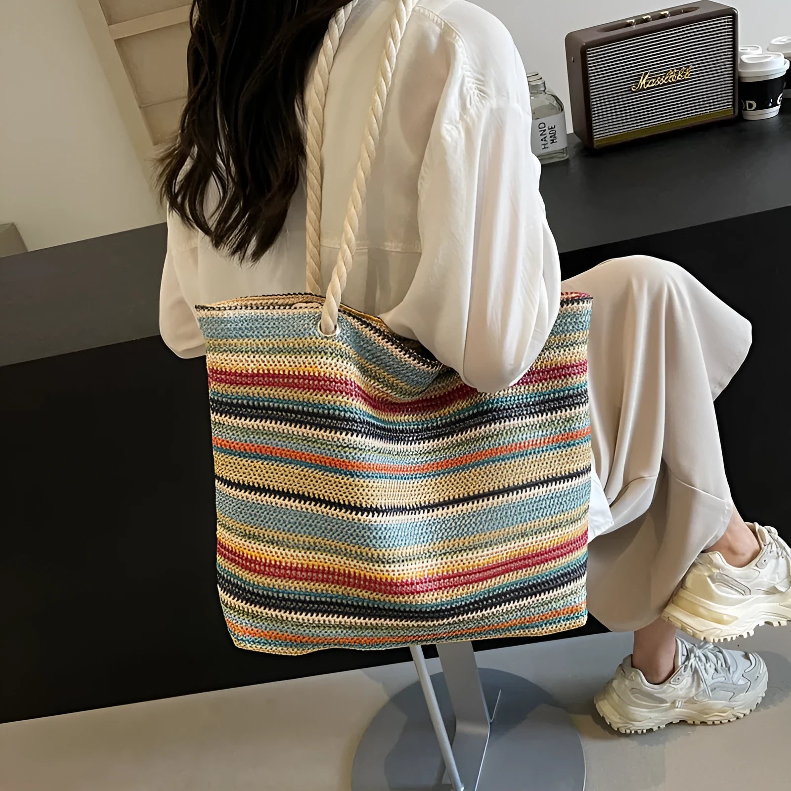 Blue straw woven single shoulder bag with large capacity and polyester lining