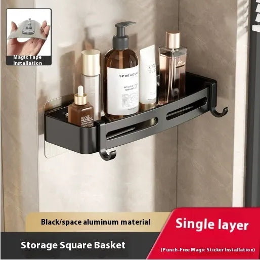 Gun grey wall-mounted bathroom storage rack with corner design and punch-free installation