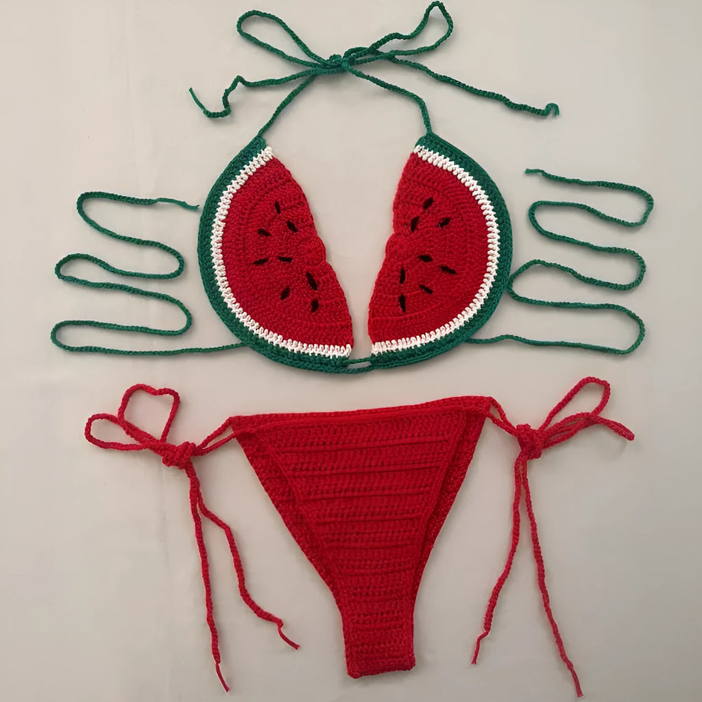 Handmade crocheted two-piece bikini in mixed colour with lace-up shoulder straps, free size adjustable fit