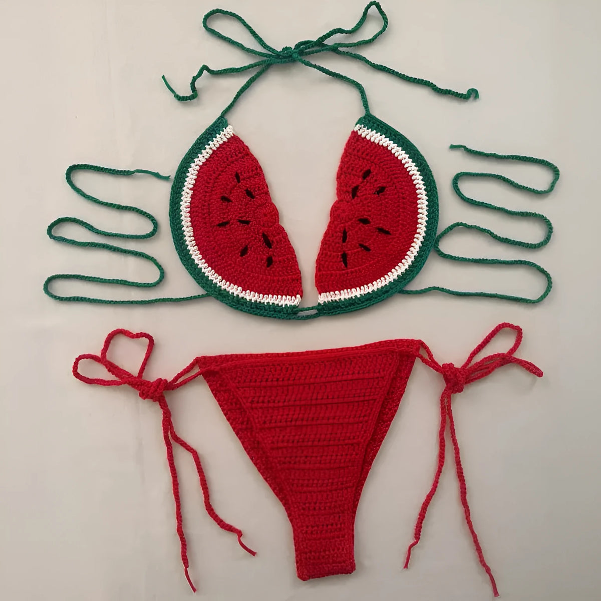 Handmade crocheted two-piece bikini in mixed colour with lace-up shoulder straps, free size adjustable fit