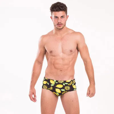 Men's swim boxer briefs in photo colour made from stretchy spandex fabric