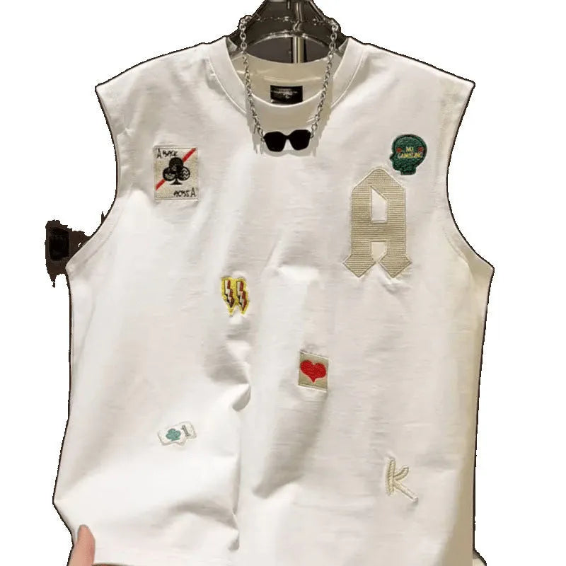 Men's black cotton sleeveless vest t-shirt with a cartoon graphic print, shown on a hanger.