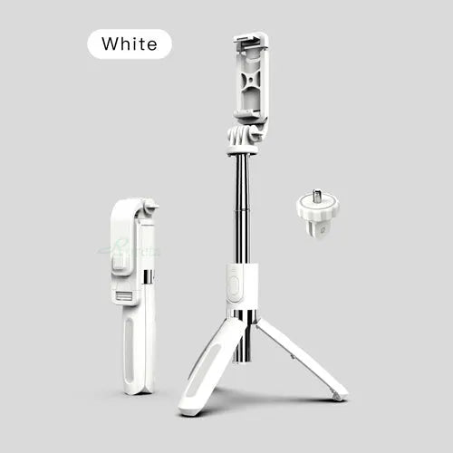 Bluetooth selfie stick with tripod base extended to mid-length with smartphone attached