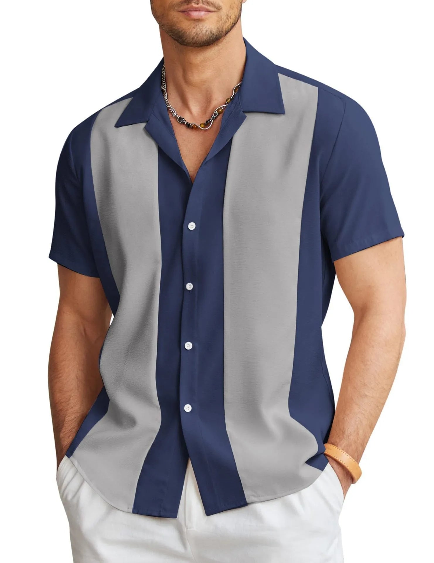 Men's elastic Hawaiian shirt with digital print pattern in slim fit design