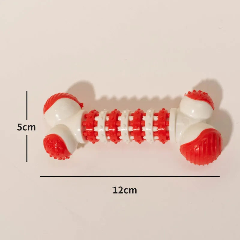Blue bone-shaped rubber dog toy with a treat holder in the centre, shown next to dog biscuits.