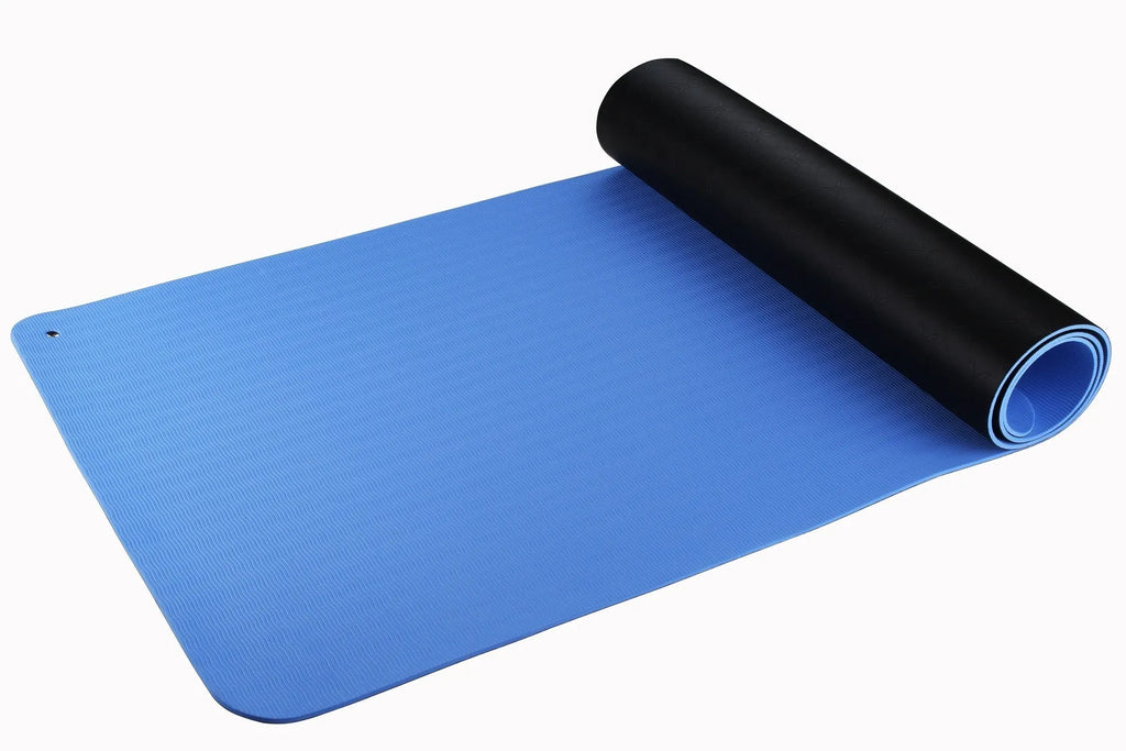 Blue conductive yoga mat with floral pattern and grounding wire, measuring 182x61cm with 5mm thickness