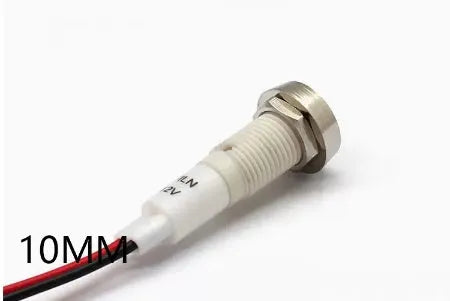 10mm stainless steel edge indicator light with a flat metal end and attached wire.