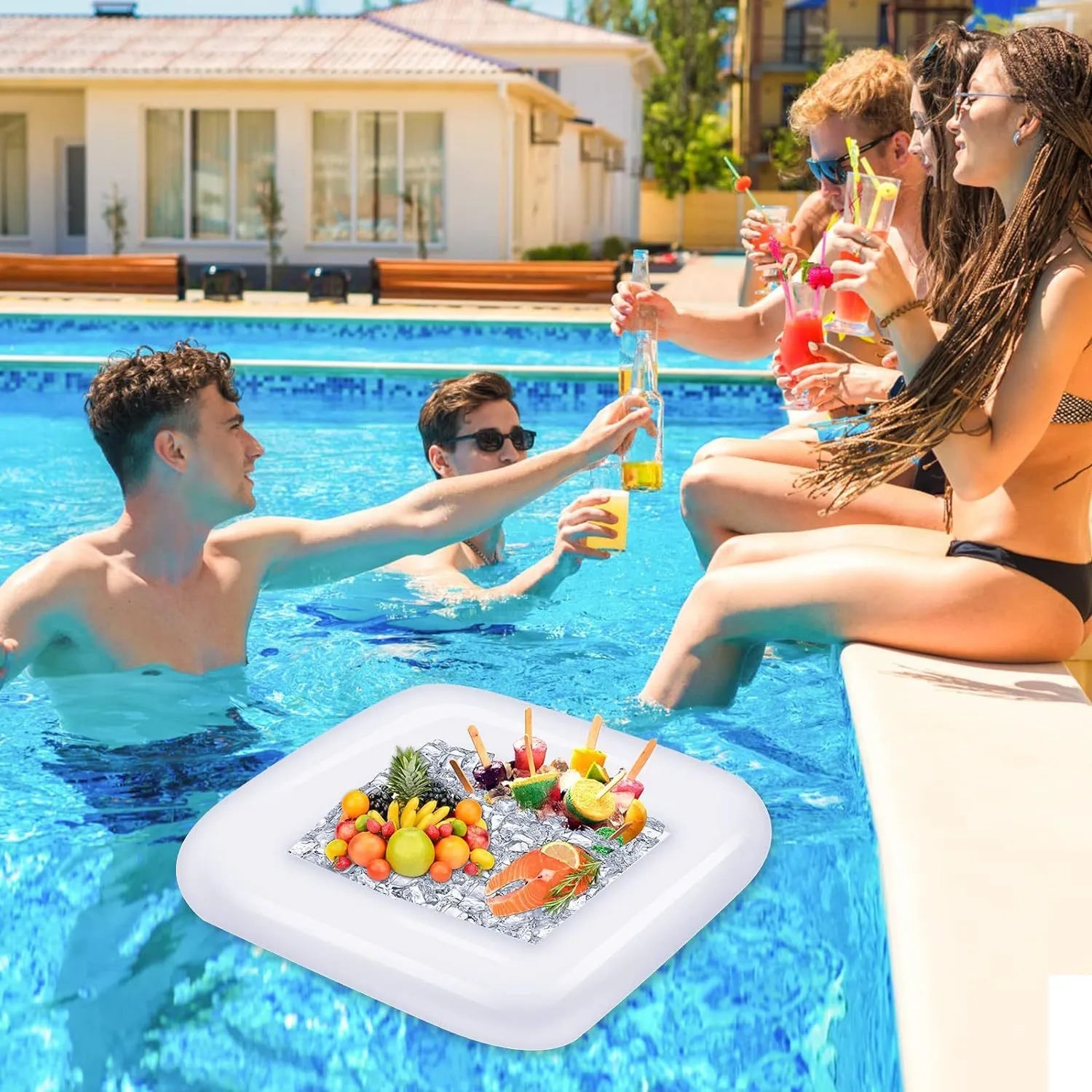 Inflatable white ice bar for parties with cup holders, shown at full size after inflation.