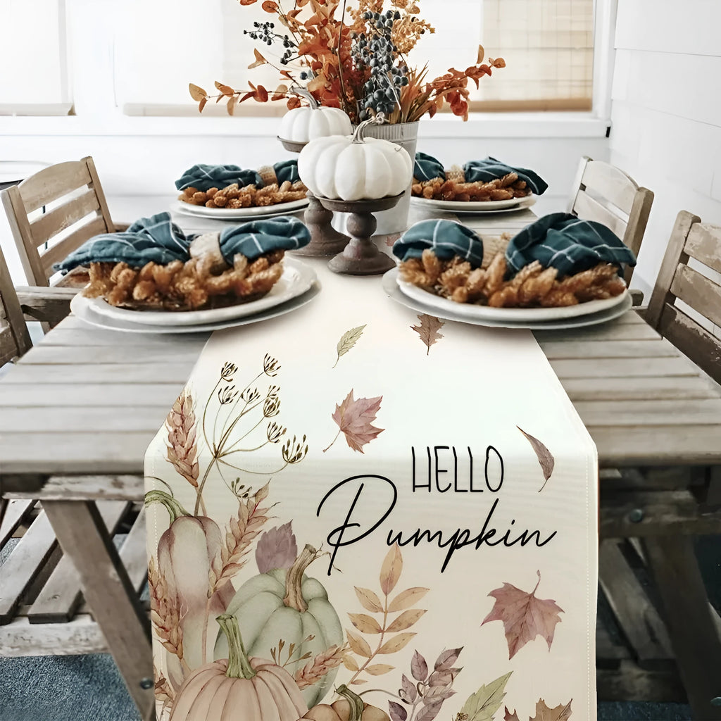 Beige polyester table runner, 33 x 183cm, with floral grass and leaf pattern for Thanksgiving table decoration