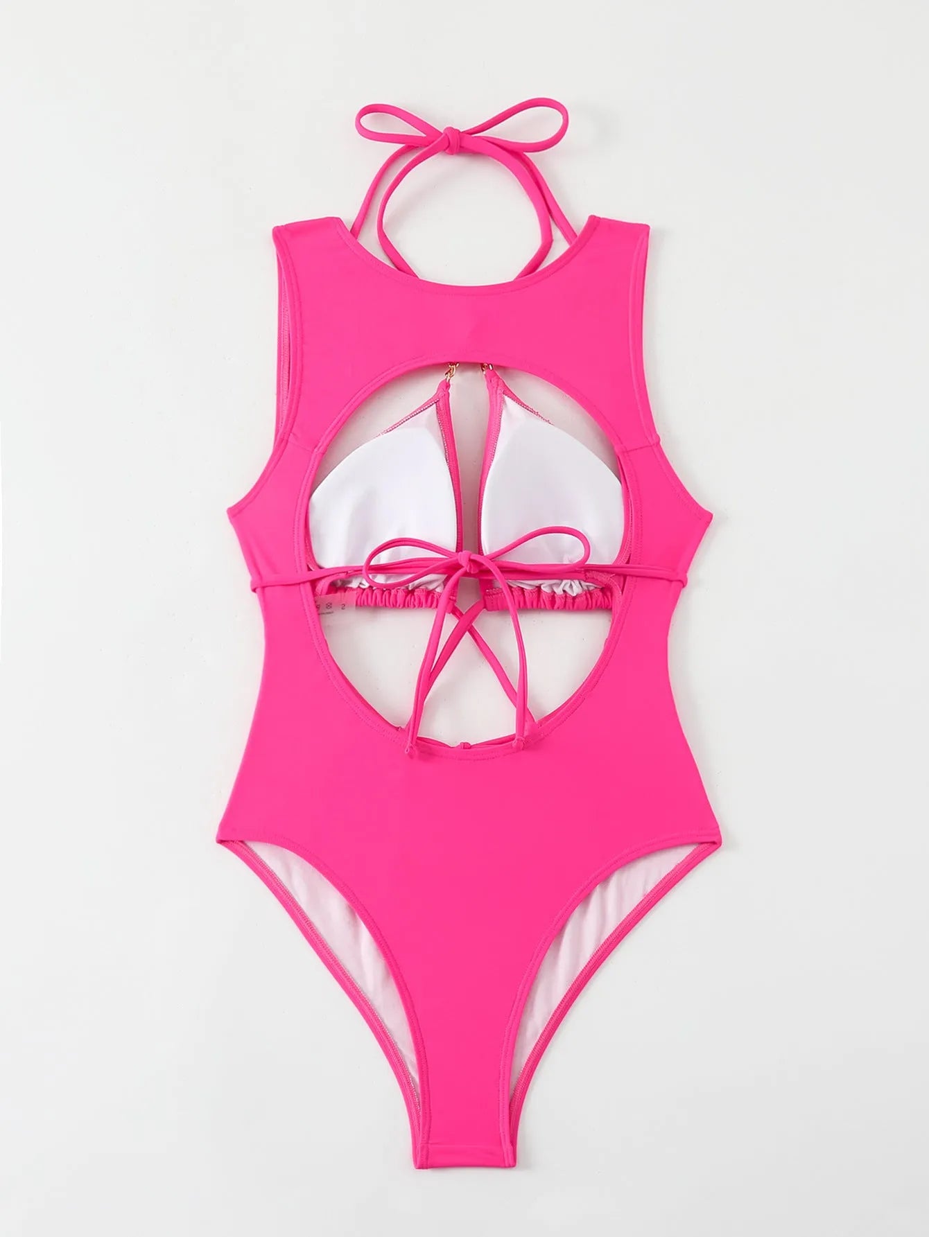 Bright pink women's one-piece swimsuit with cutout strap design, nylon fabric, sizes S M L