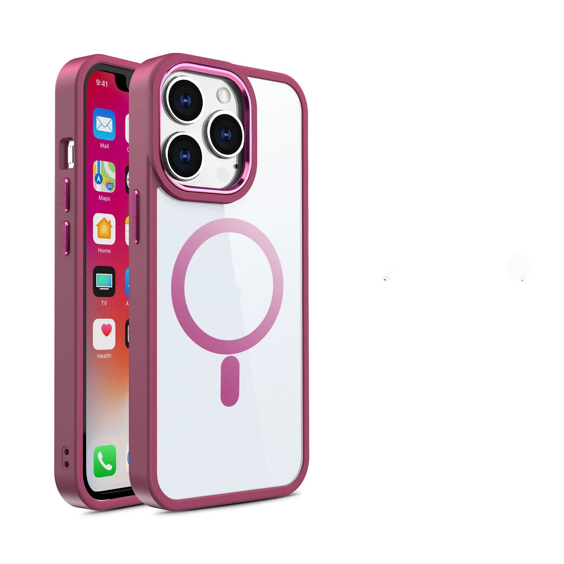 Transparent magnetic iPhone case showing MagSafe compatibility with solid silicone colour options