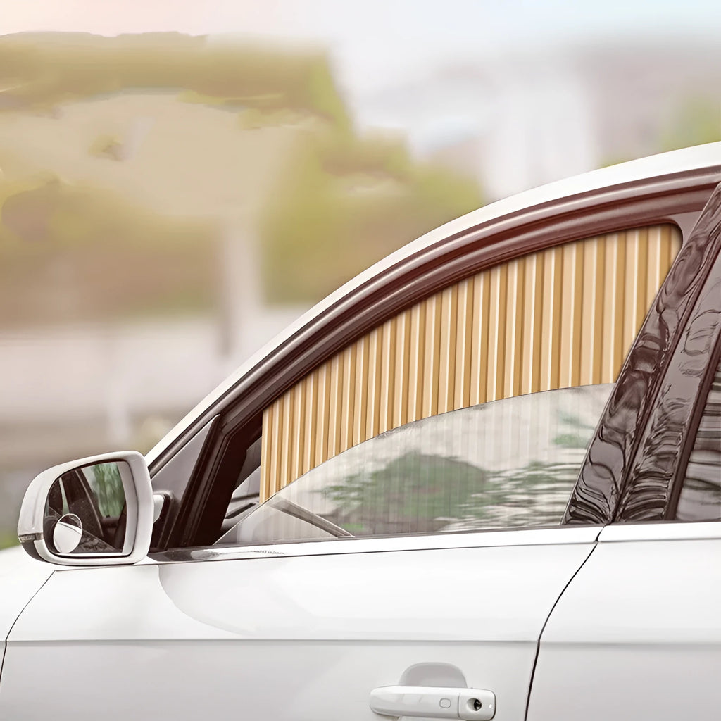 Auto retractable car sunshade curtain in roller shutter design showing gold, silver, and black colour options