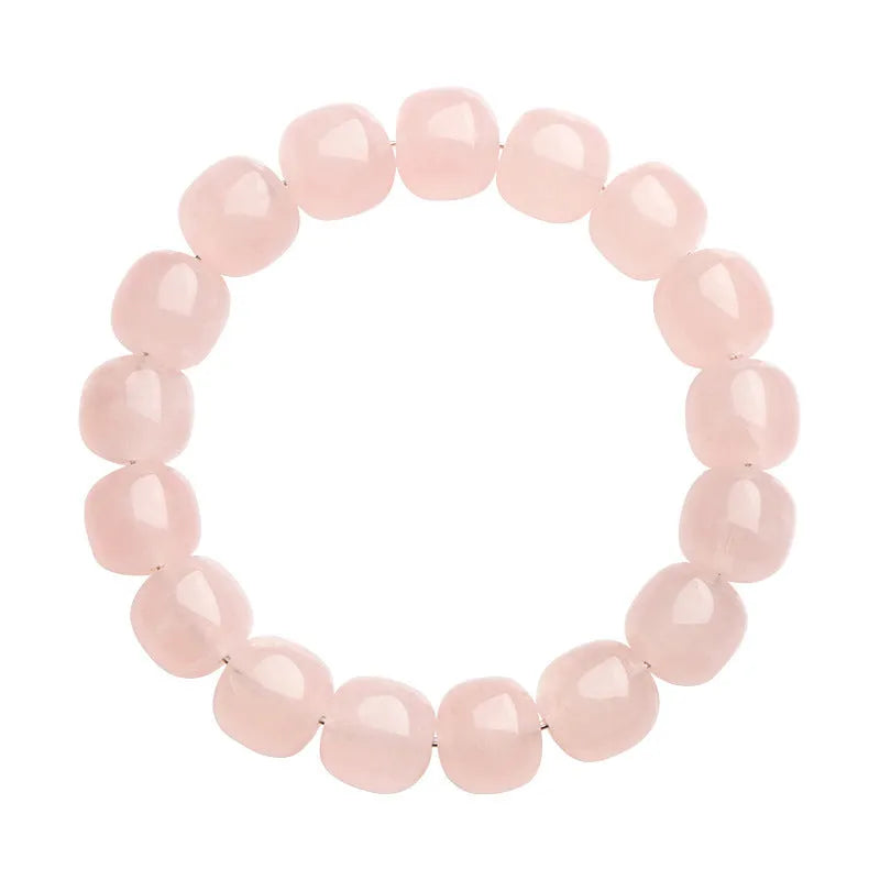 Pink natural bamboo crystal barrel bead bracelet with 11x12mm beads and geometric design.
