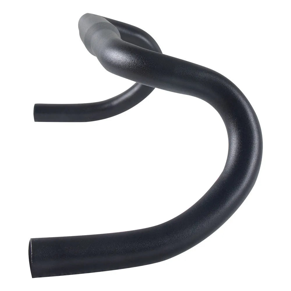 Black aluminium alloy road bike drop handlebar showing 420mm width and 31.8mm clamp area.