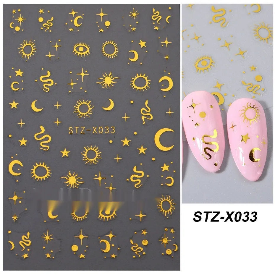 Cartoon-themed nail art sticker sheet with black and silver strip patterns and love motifs