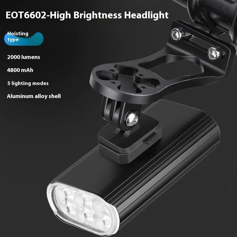 Aluminium alloy bicycle headlight with six XPT beads, USB Type-C port, and quick-release mount.