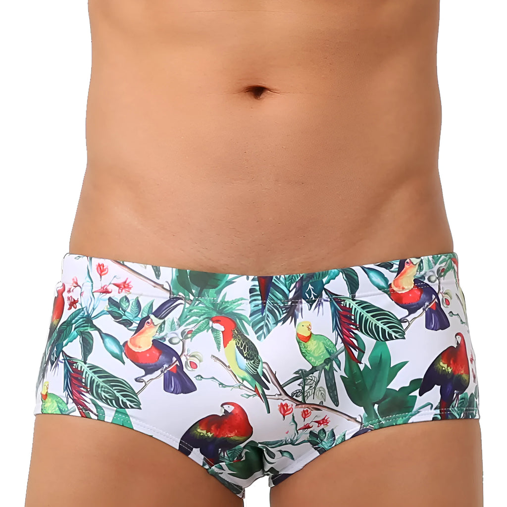 Men's flower-bird print swimming trunks in nylon fabric with cup cover detail
