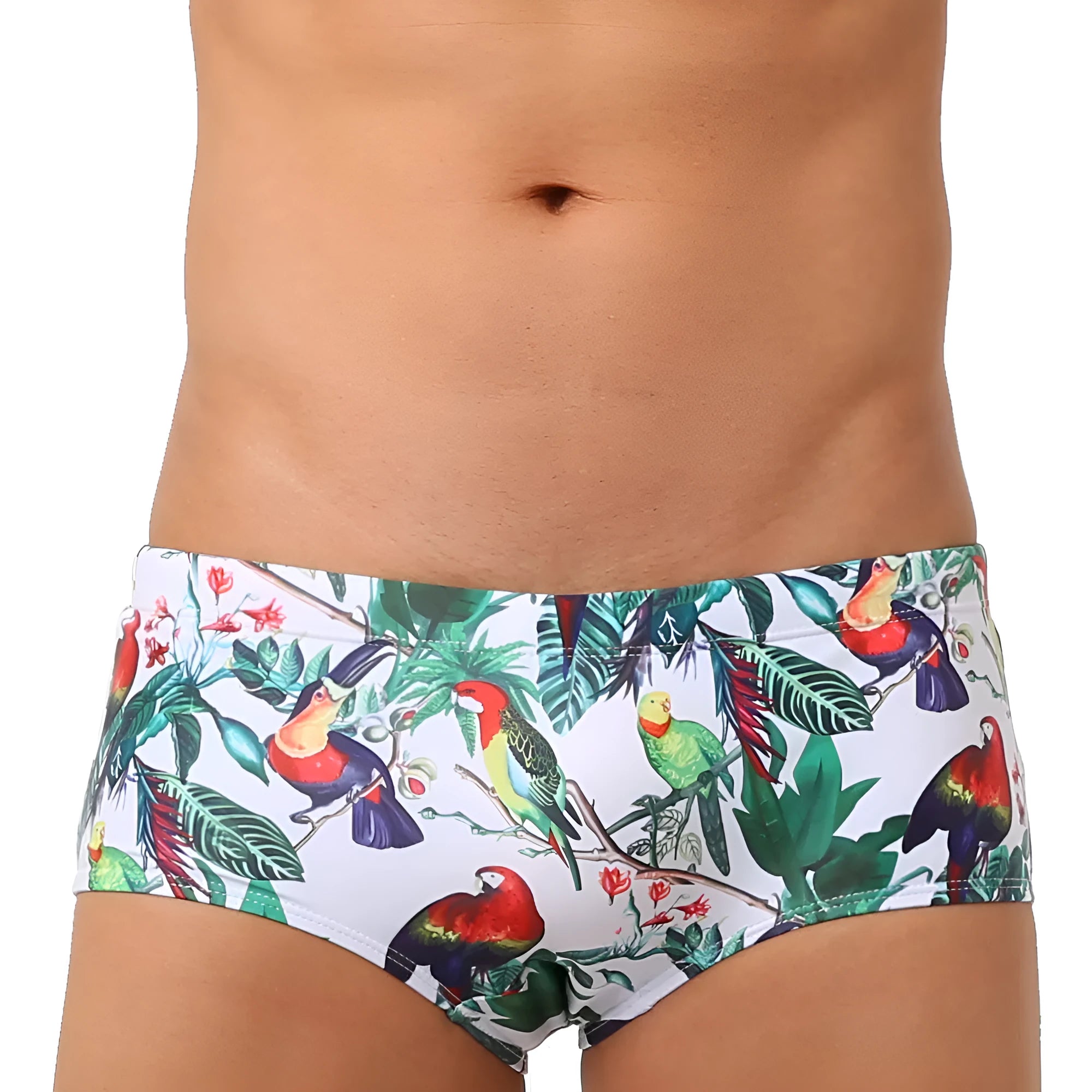Men's flower-bird print swimming trunks in nylon fabric with cup cover detail