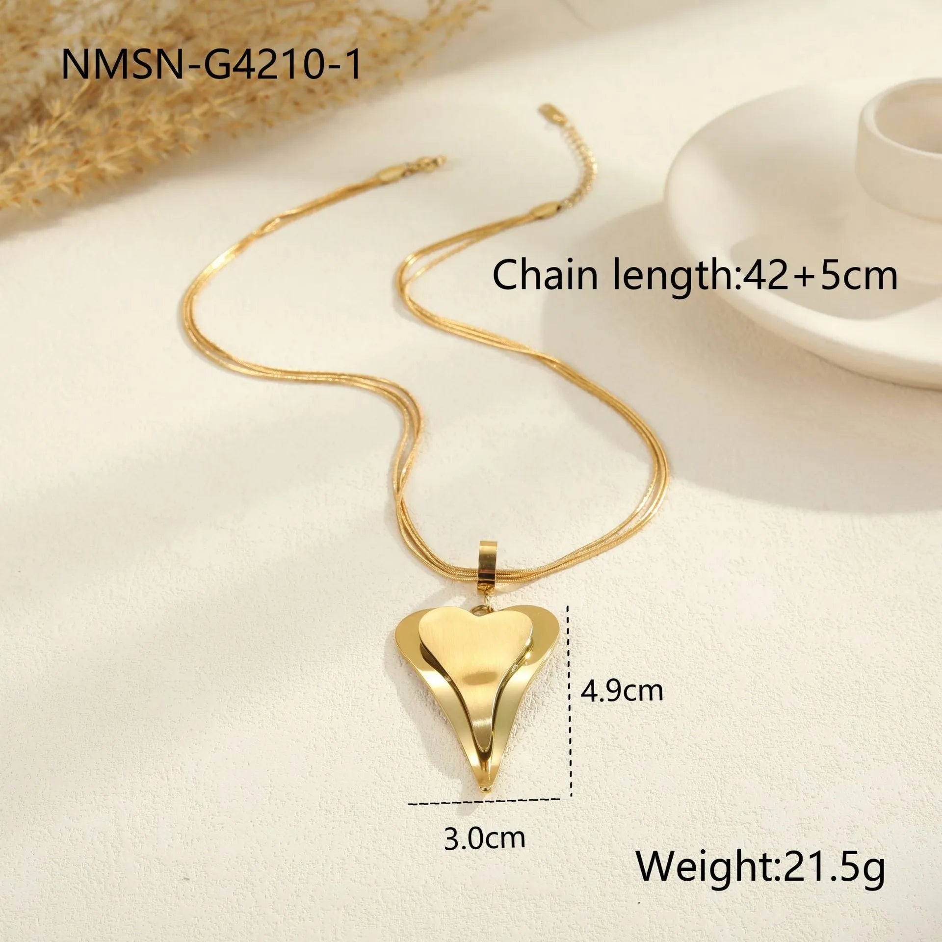 Double heart snake bones chain necklace in stainless steel with geometric pendant design