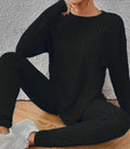 Sunken stripe design two-piece homewear set in polyester fabric available in black and blue colours