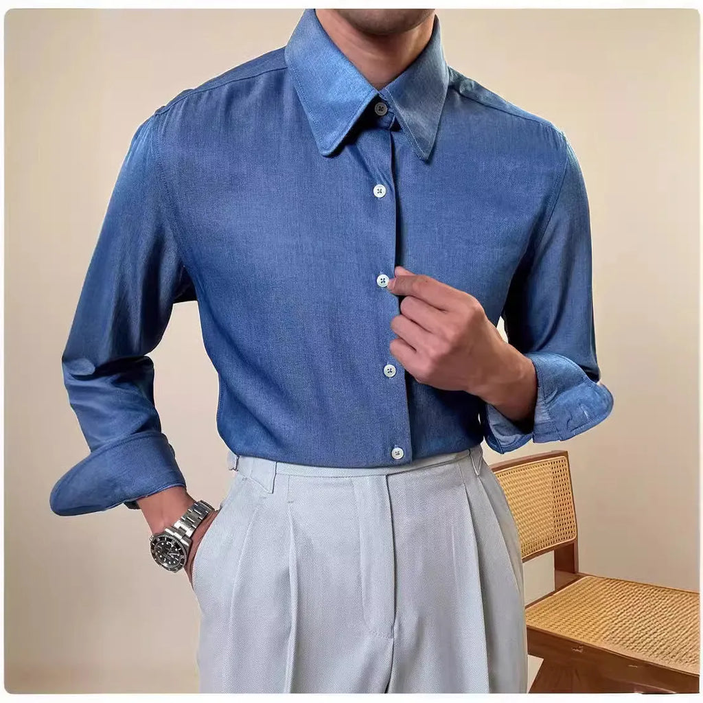 Men's round collar long sleeve shirt in slim fit available in light and dark blue colours