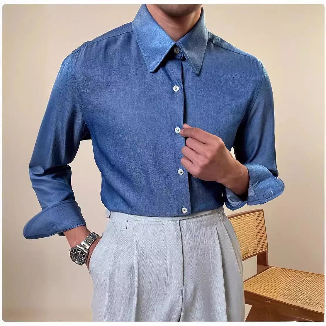 Men's round collar long sleeve shirt in slim fit available in light and dark blue colours