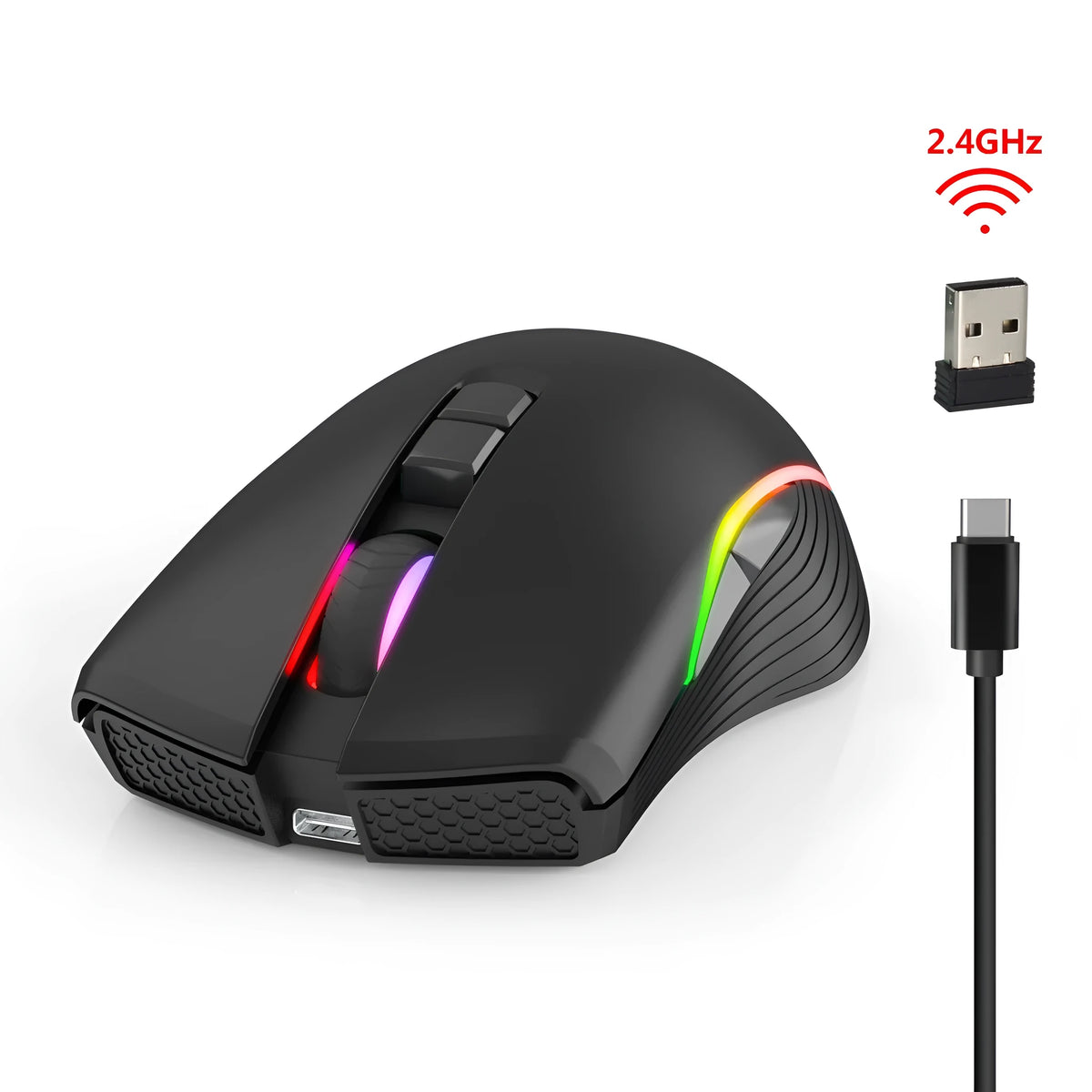 Black TYPE-C wireless gaming mouse with RGB light, 7 buttons, 2400DPI, and USB receiver