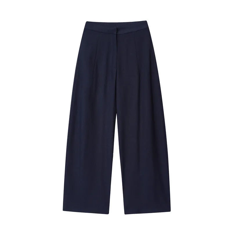 Women's linen-style shirt with flounced sleeves and matching wide-leg trousers co-ord set.