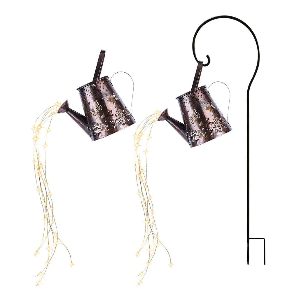 Solar garden lamp with tapered iron butterfly design and warm white LED light.