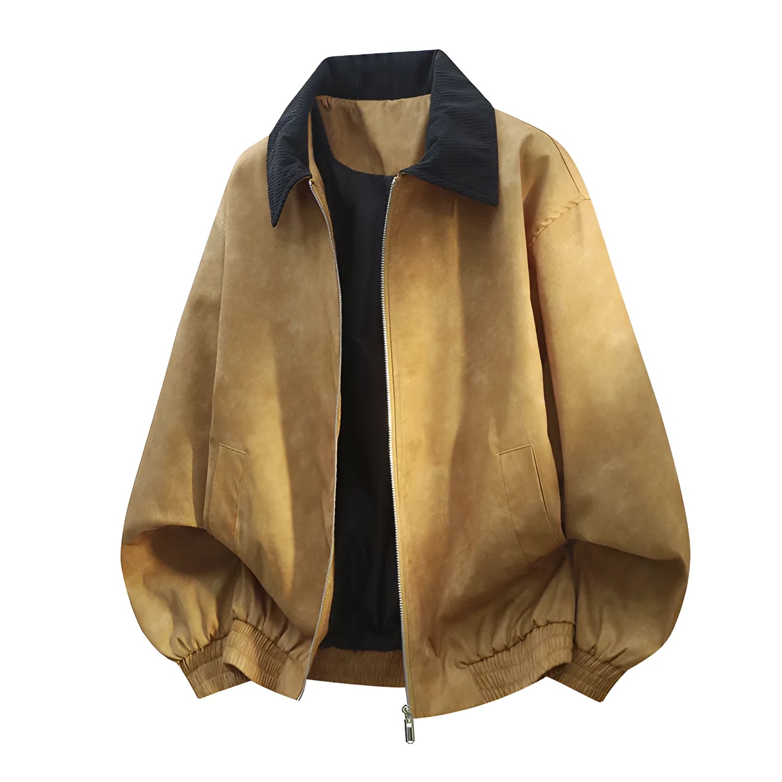 Men's casual jacket with stitching lapel detail in multiple colour options on a size chart background.