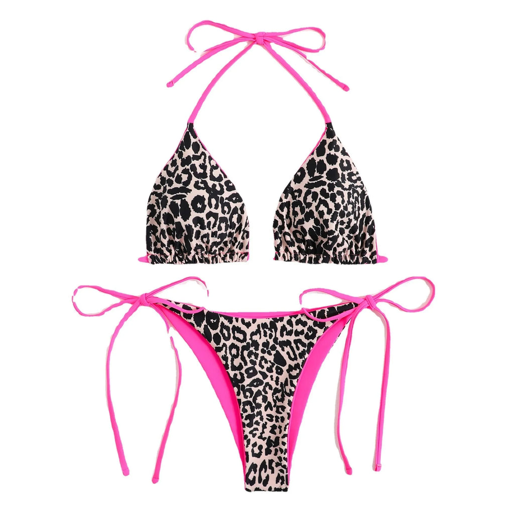 Women's lace-up triangle bikini set with adjustable front and high-waisted split bottom in polyester fabric