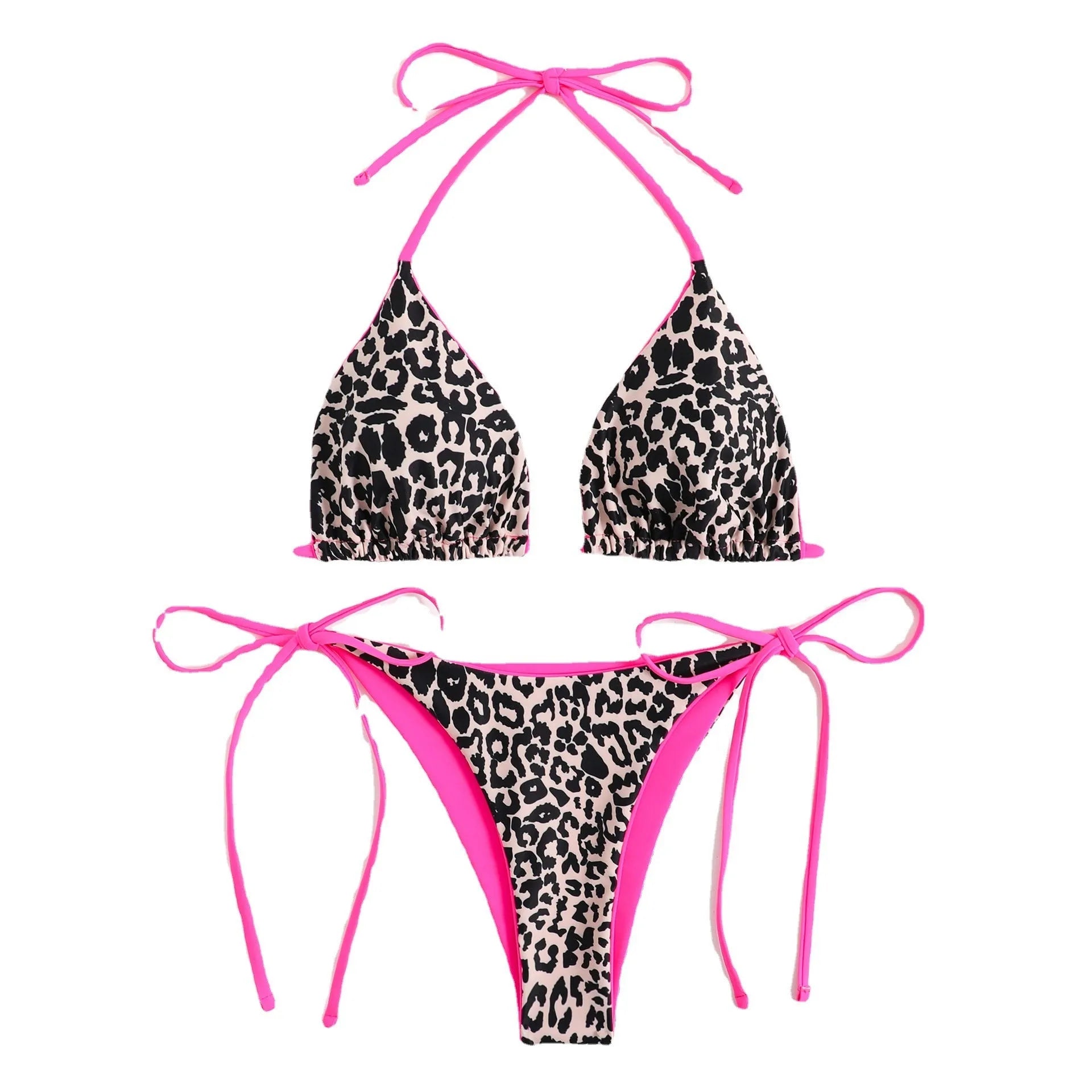 Women's lace-up triangle bikini set with adjustable front and high-waisted split bottom in polyester fabric