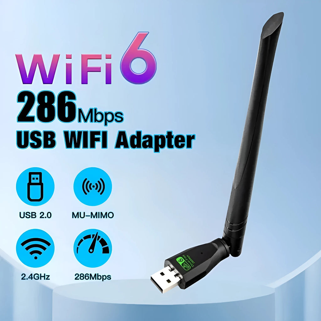 Black USB WiFi 6 wireless network card with integrated driver for desktop and laptop computers.