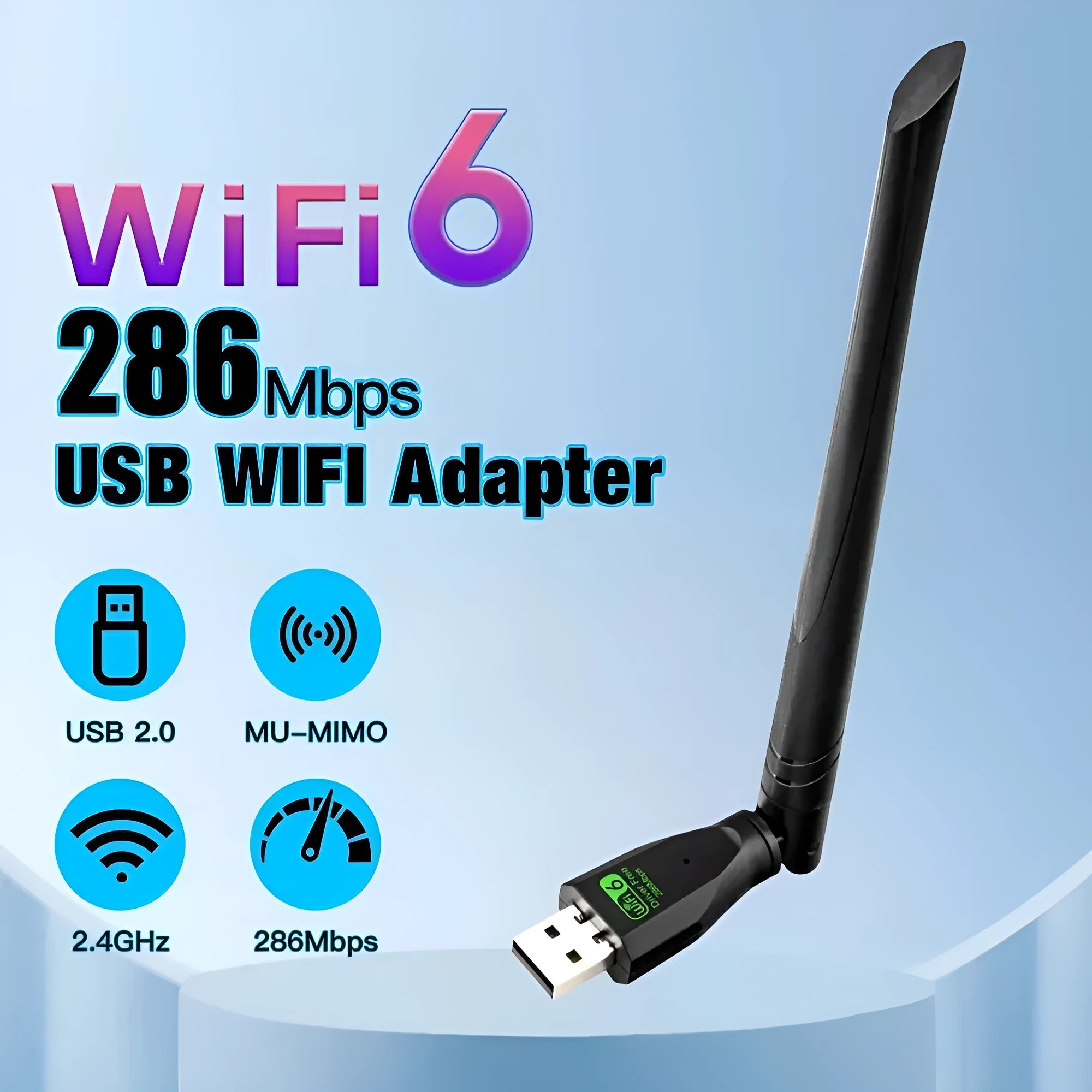 Black USB WiFi 6 wireless network card with integrated driver for desktop and laptop computers.