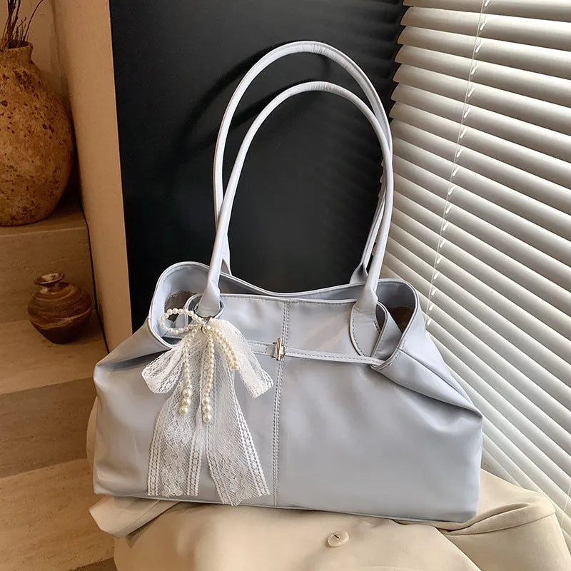 Large capacity horizontal square PU tote shoulder bag in black with double straps and optional pendant