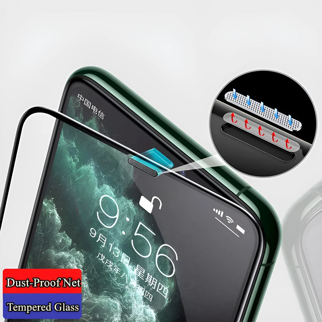 Full cover tempered glass screen protector for iPhone showing privacy, blue light, and dustproof variants.