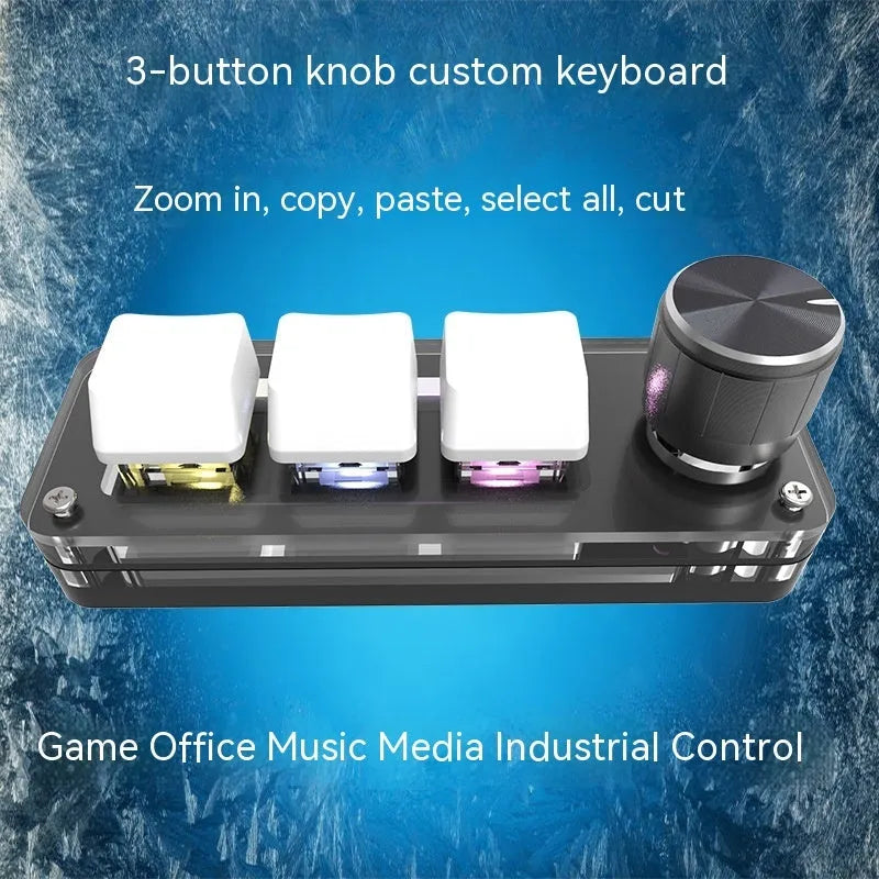 Black and white custom mini keyboard with RGB backlighting for copy and paste shortcuts