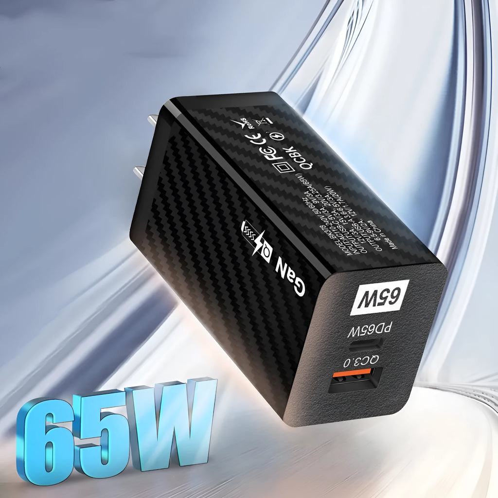 65W GaN USB-C laptop charger in black or white with compact 38mm x 35mm dimensions