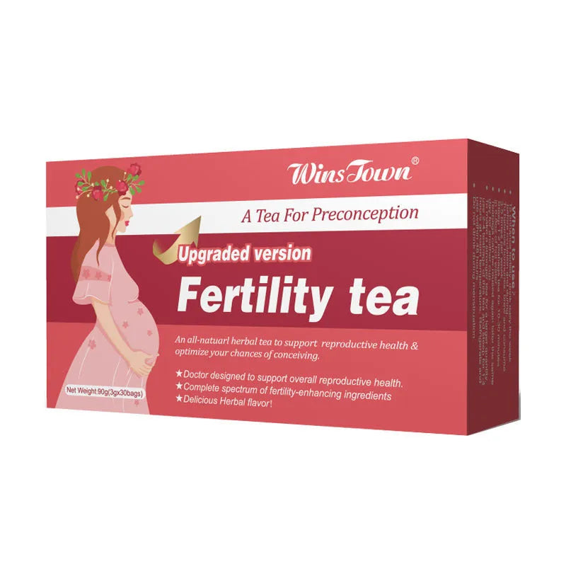 Box of fertility tea containing 90 individual tea bags organised into three units of 30 bags each