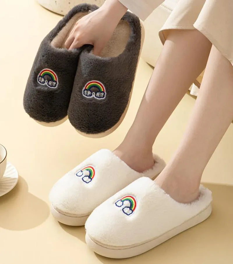 Kawaii rainbow embroidered warm plush slip-on slippers with rubber sole round toe indoor home footwear