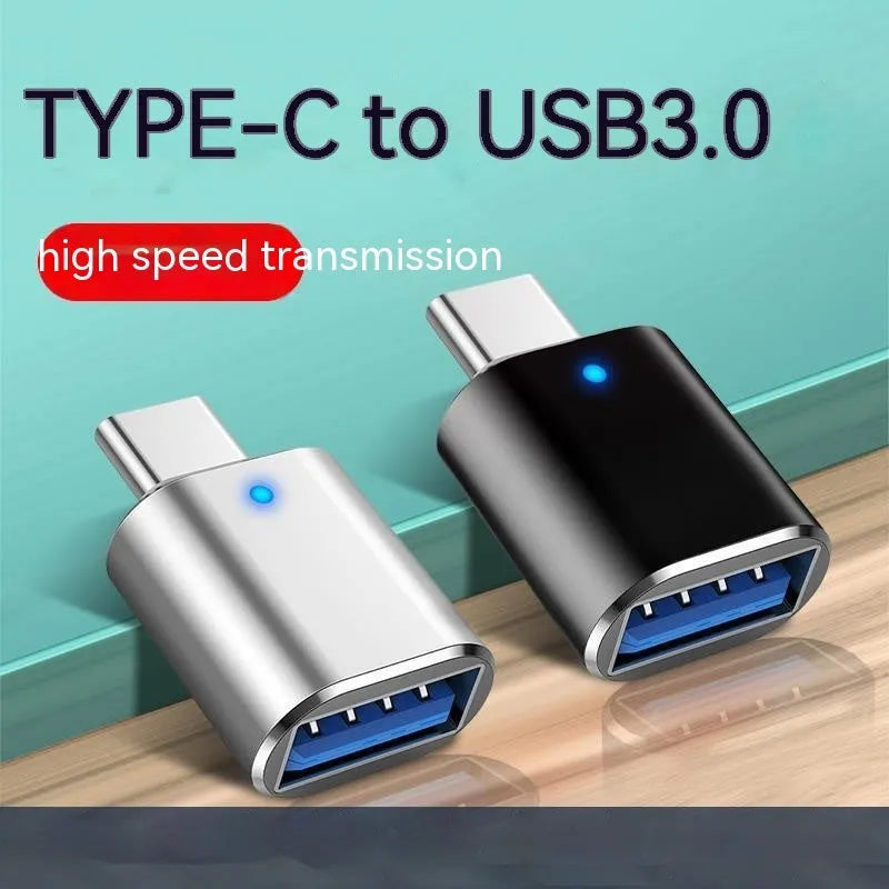 USB 3.0 to Type-C OTG adapter with indicator light in black, silver, and gold