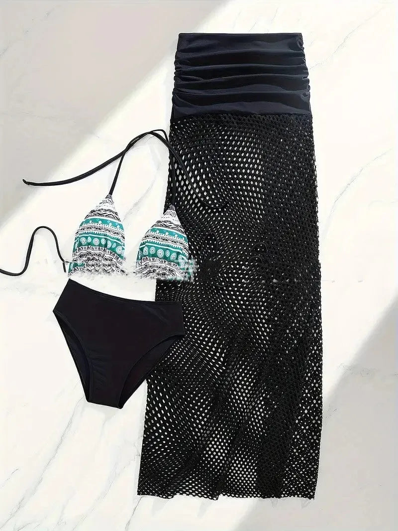 Brown women's three-piece bikini set with a fishnet long skirt on a mannequin.