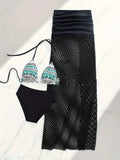 Brown women's three-piece bikini set with a fishnet long skirt on a mannequin.