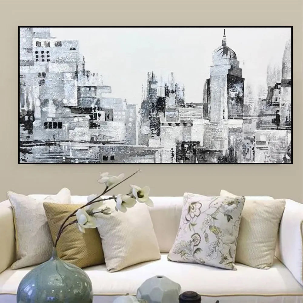 Handmade oil painting on canvas showing a modern abstract black and white urban architectural street scene, frameless and unstretched.