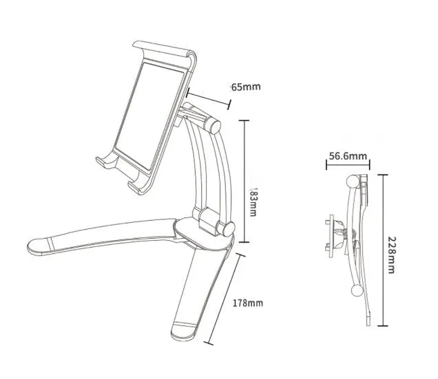 Silver aluminium alloy desktop stand holding a tablet, showing 360-degree rotation and adjustable clamp mechanism.