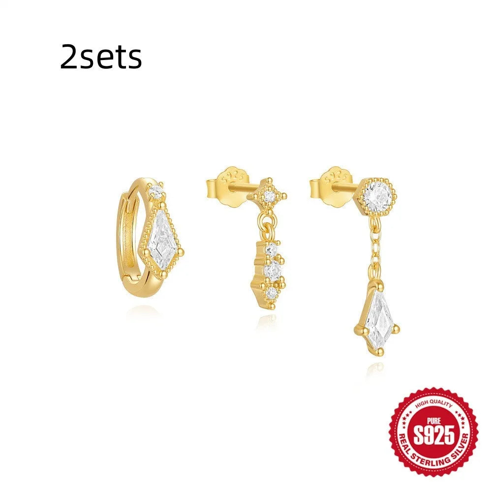 S925 sterling silver geometric zircon tassel earring set in four colour variants