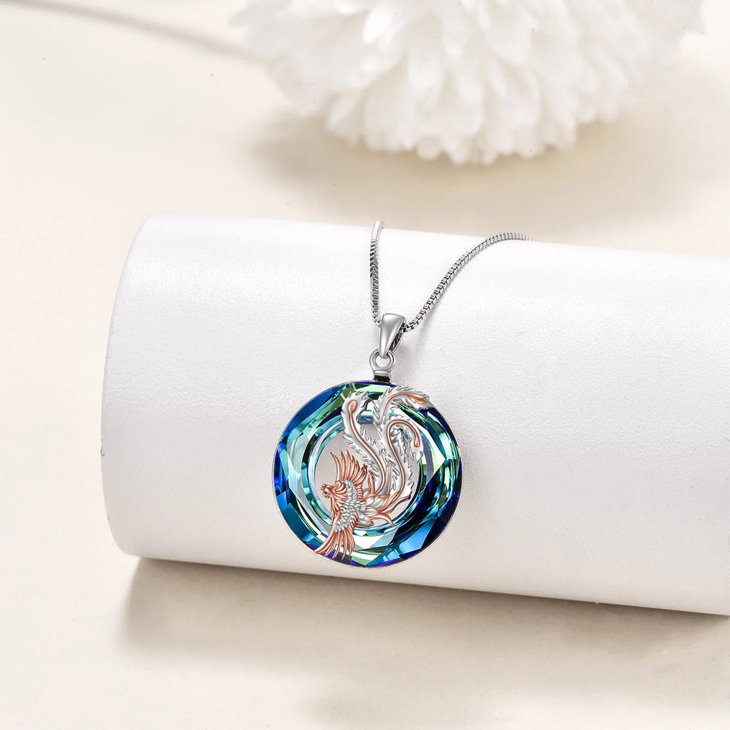 Nirvana Phoenix pendant necklace in sterling silver with crystal stone on silver box chain
