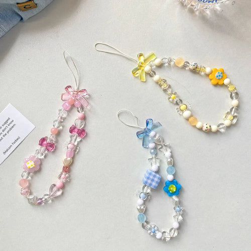 Beaded flower mobile phone lanyard with colourful plastic resin beads on adjustable rope